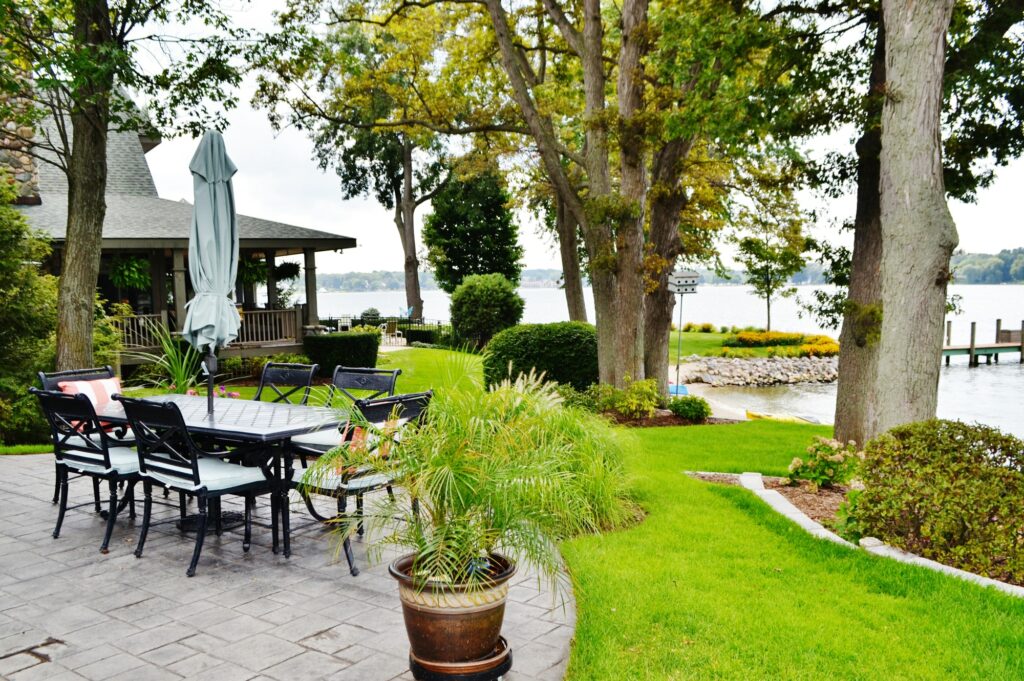 Outdoor patio landscaping green grass